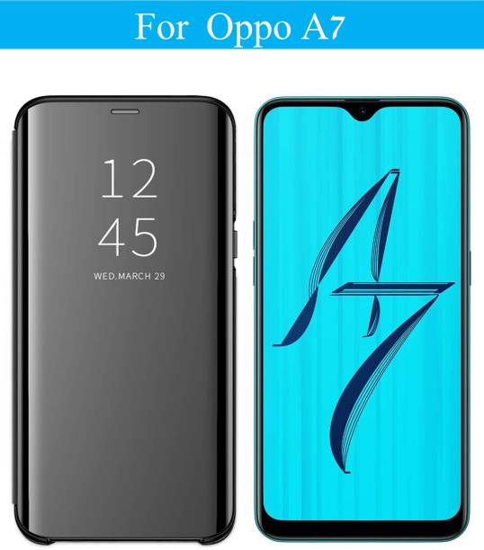 Oppo A7 Clear View Mirror Flip Cover with 360 Degree Protection (Black/Blue).