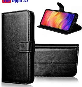 Oppo A7 VIP Leather Flip Cover with Foldable Stand and Wallet Card Slots (Black/Brown/Blue).