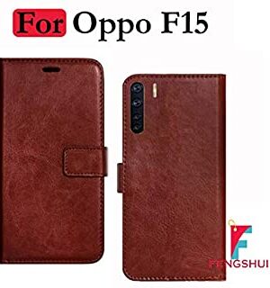 Oppo F15 VIP Leather Flip Cover with Foldable Stand and Wallet Card Slots (Black/Brown/Blue).