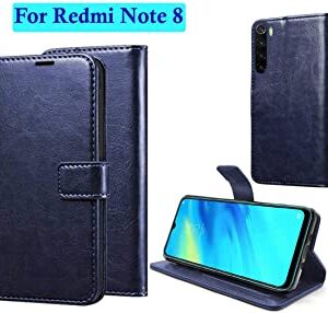 Redmi Note 8 VIP Leather Flip Cover with Foldable Stand and Wallet Card Slots (Black/Brown/Blue).
